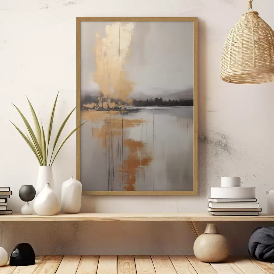 fototapet Un peisaj abstract cu un lac, copac și ceață galbenă , apa reflectă și cerul înnorat f45575
