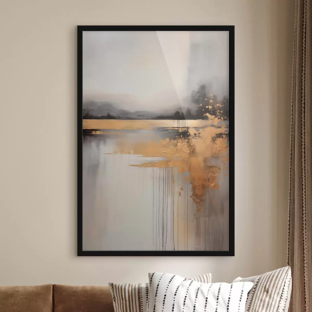 Poster Peisaj abstract texturat cu un râu și copaci întunecați în fundal, cerul este înnorat f45576