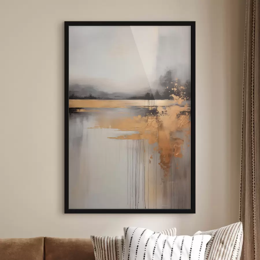 fototapet Peisaj abstract texturat cu un râu și copaci întunecați în fundal, cerul este înnorat f45576