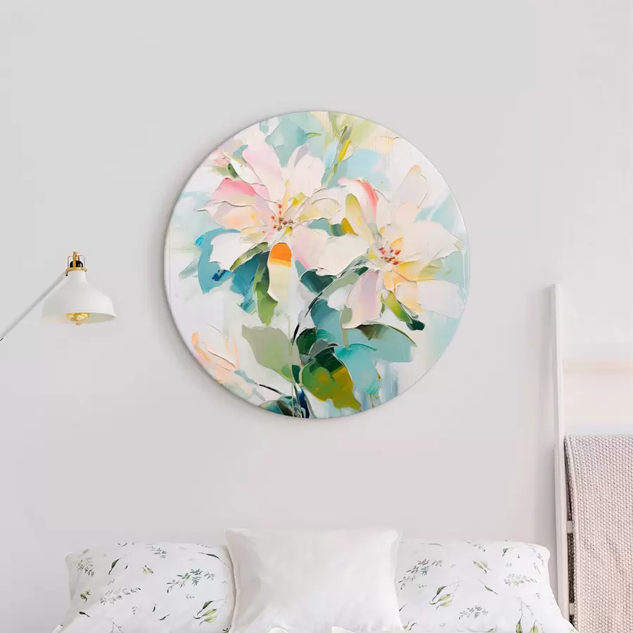 Tablouri Flori cu accente colorate, frunze verzi, moale brushstrokes ulei pictura imitație, fundal albastru deschis r45549