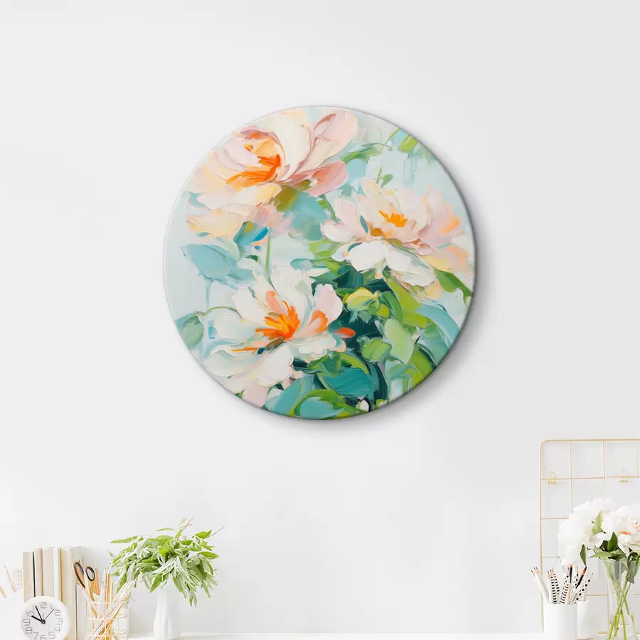 Tablouri Flori de piersici albe și pastelate, frunze verzi, imitație de pictură în ulei cu tușe moi, fundal albastru deschis r45550