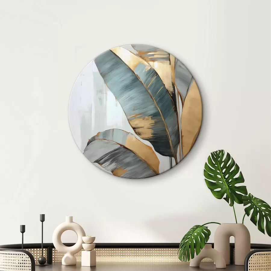 Tablouri Un set de frunze de banane albastre, gri și galbene cu tușe de pensulă vizibile, pe un fundal abstract alb r45551