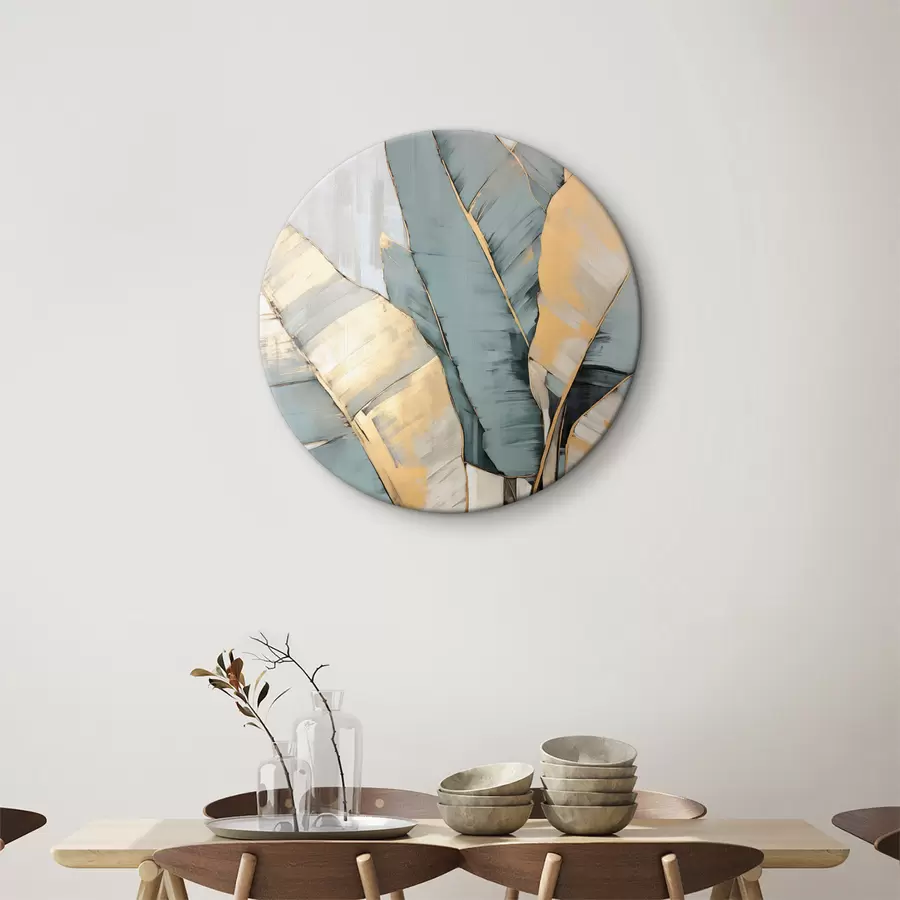 Tablouri Frunze de banane albastre, gri și galbene cu tușe de pensulă vizibile, pe un fundal alb abstract r45552