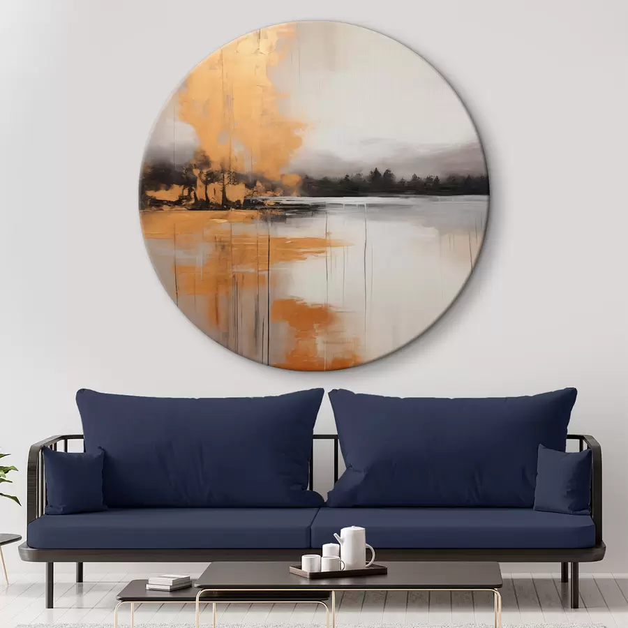 Tablouri Un peisaj abstract cu un lac, copac și ceață galbenă , apa reflectă și cerul înnorat r45575