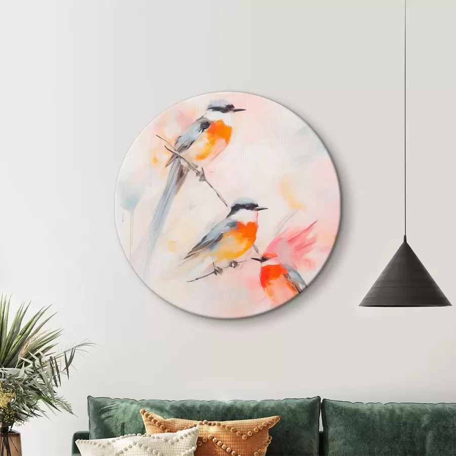 Tablouri Păsări cocoțate pe ramuri, culori pastelate moi, fundal deschis cu nuanțe de roz și alb r45577