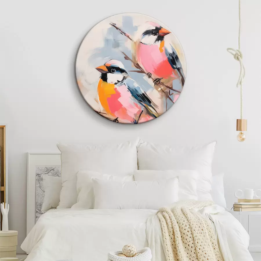 Tablouri Păsări colorate cocoțate pe o ramură pe un fundal moale de culoare pastel r45578