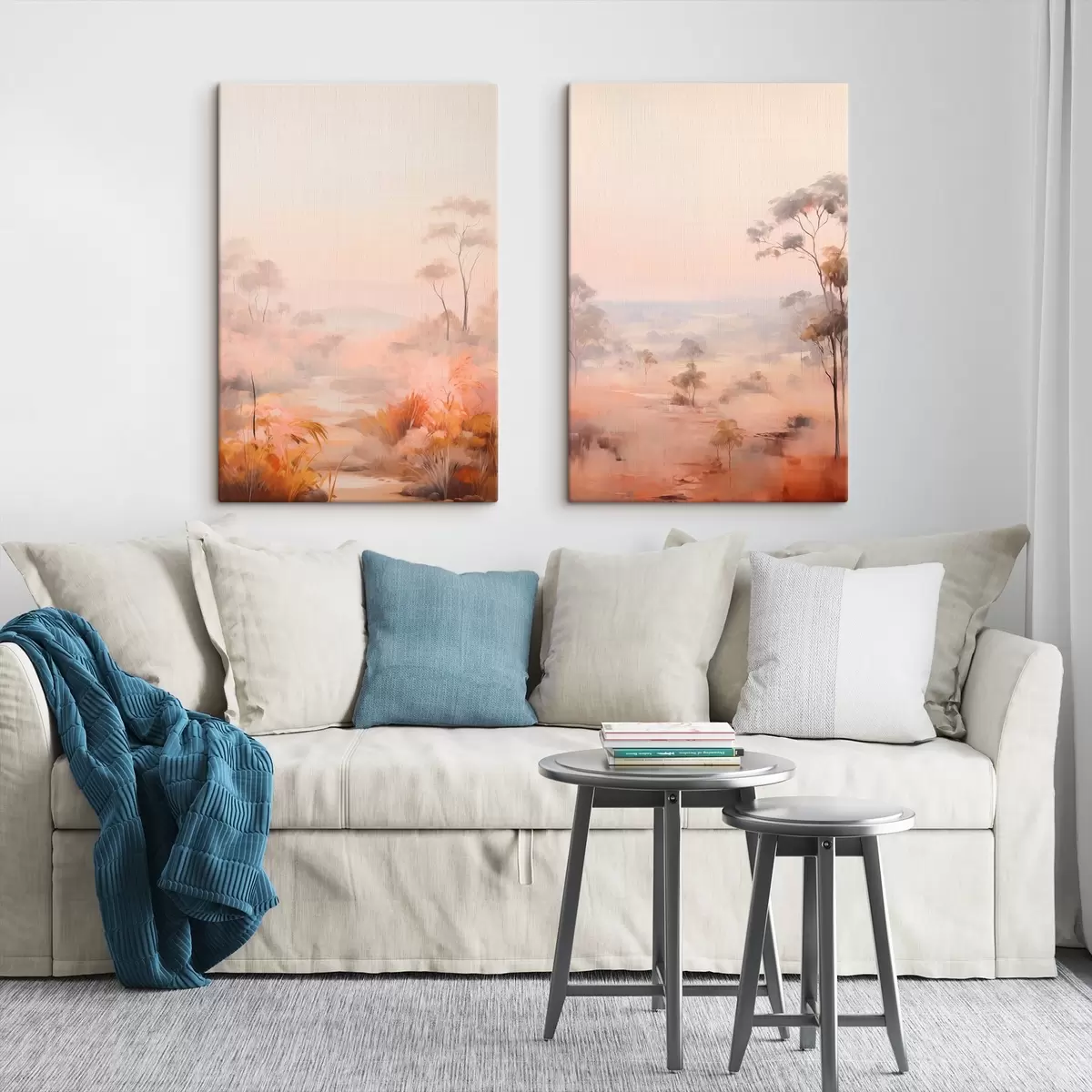 Tablouri Un peisaj cu tufișuri și copaci în nuanțe de roz , portocaliu , și maro , cu munți în fundal m00646