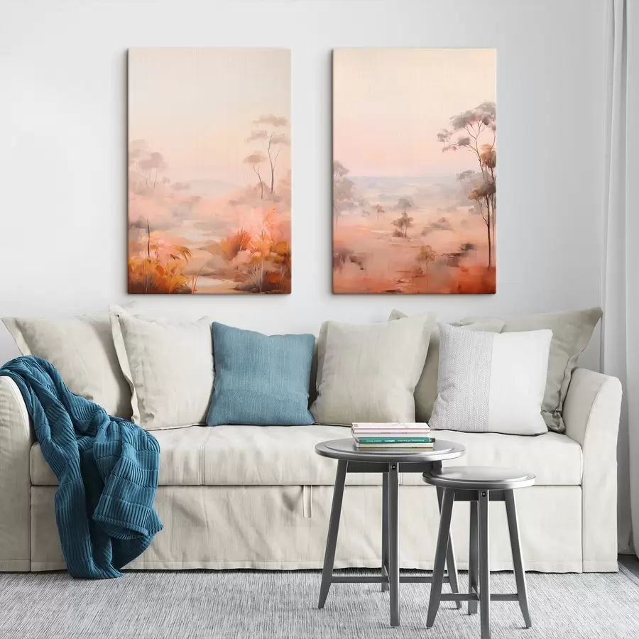 Tablouri Un peisaj cu tufișuri și copaci în nuanțe de roz , portocaliu , și maro , cu munți în fundal m00646