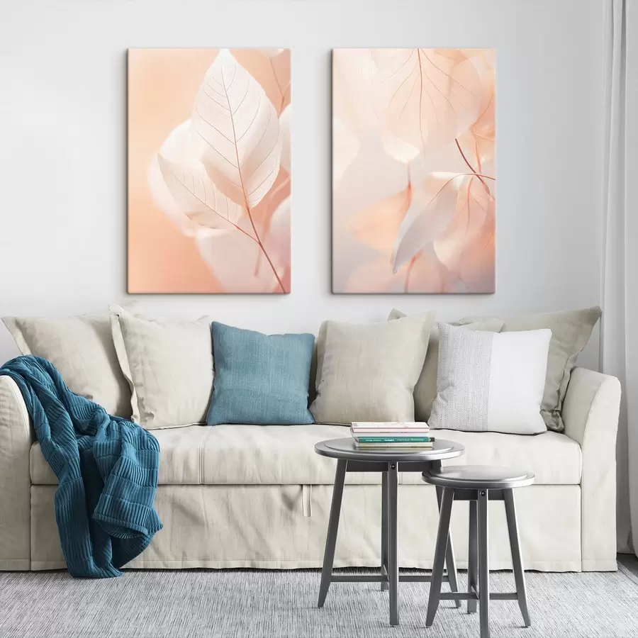 Tablouri Close-up de frunze translucide cu vene delicate, paleta de culori piersică moale și alb, fundal neclar m00647