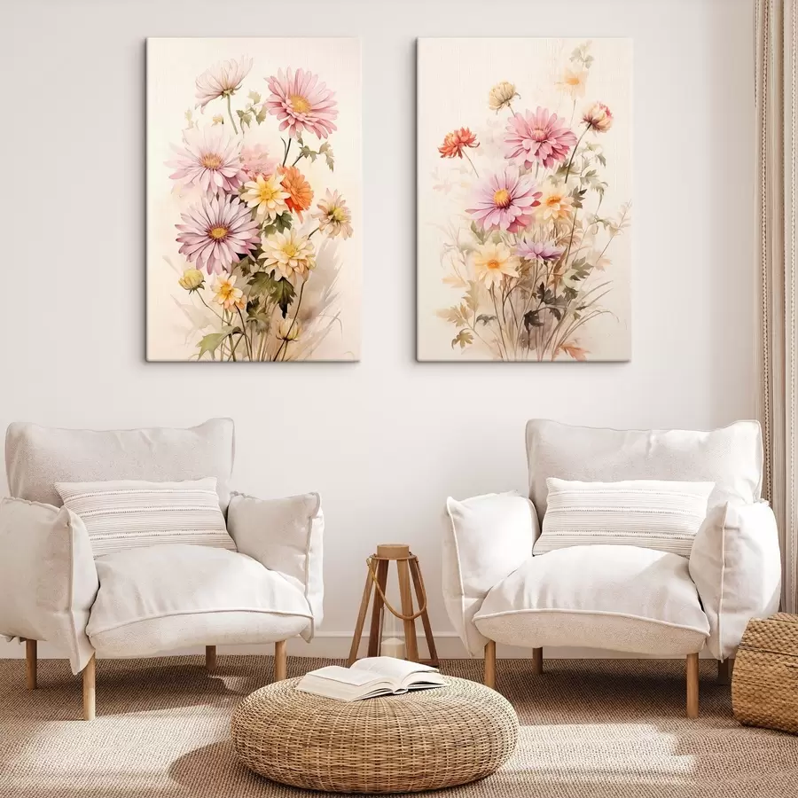 Tablouri Un buchet de flori colorate, stil acuarelă moale, pe un fundal ușor, ilustrație botanică m00649