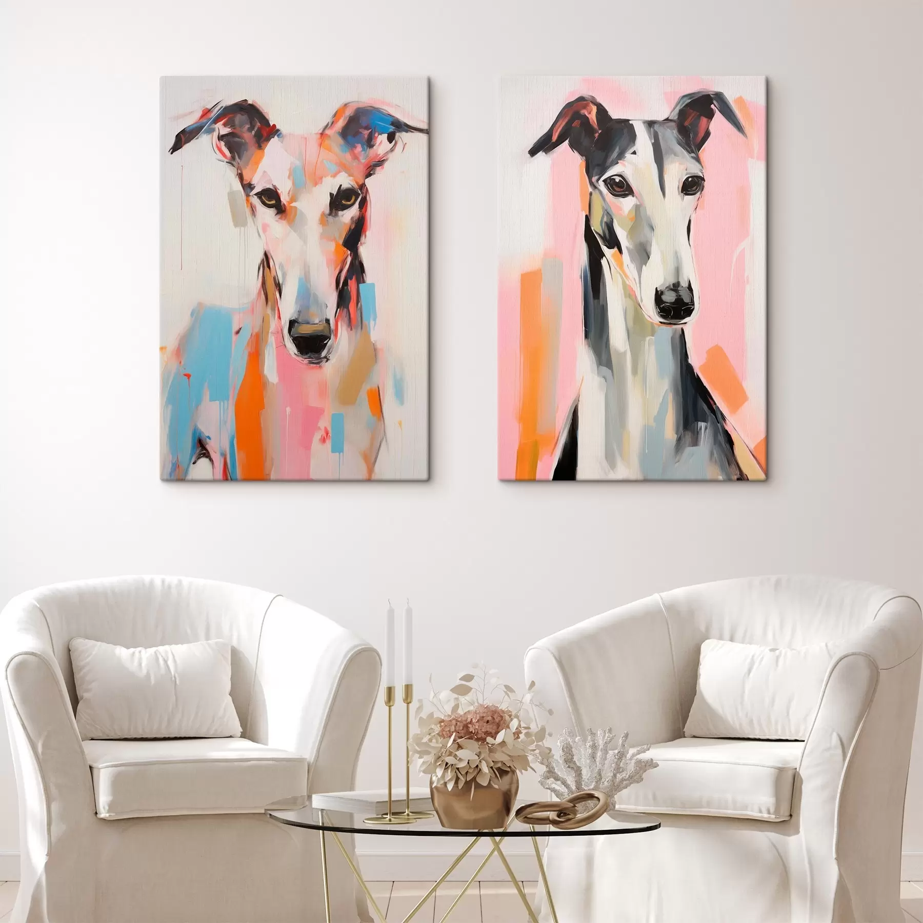 Tablouri Un câine greyhound, pictat cu culori vibrante precum portocaliu, roz și albastru, pe un fundal alb simplu m00652