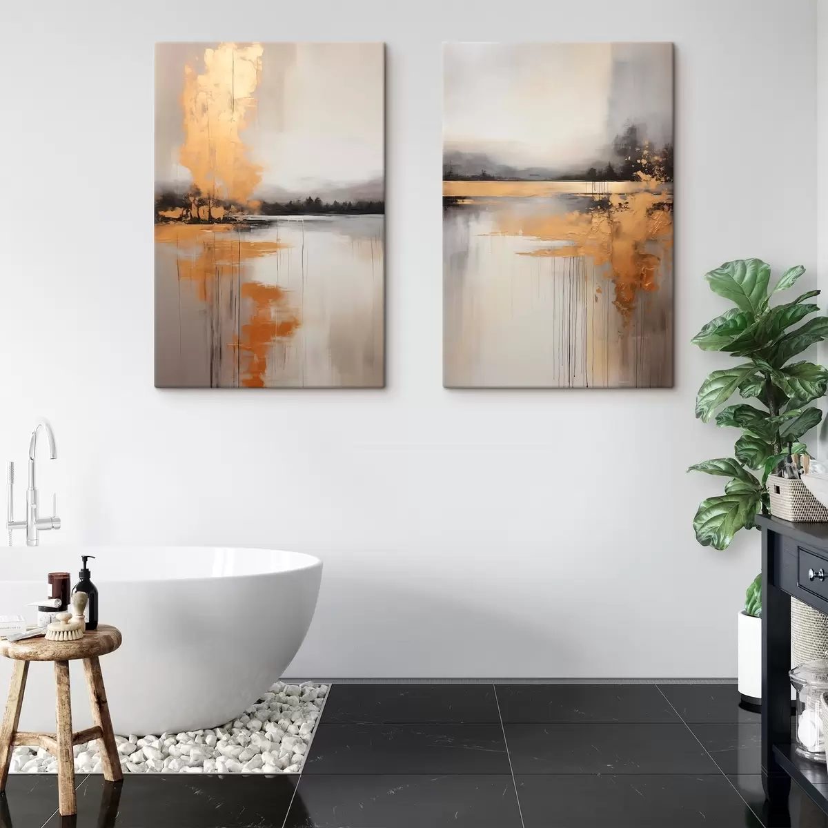 Tablouri Un peisaj abstract cu un lac, copac și ceață galbenă , apa reflectă și cerul înnorat m00657