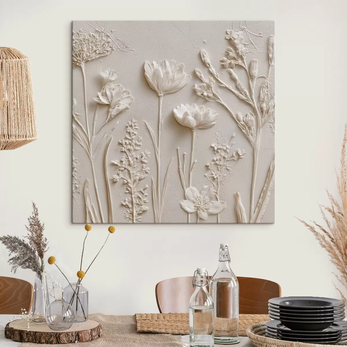 Tablouri Compoziție abstractă: stil basorelief cu flori pe un fundal deschis s45535