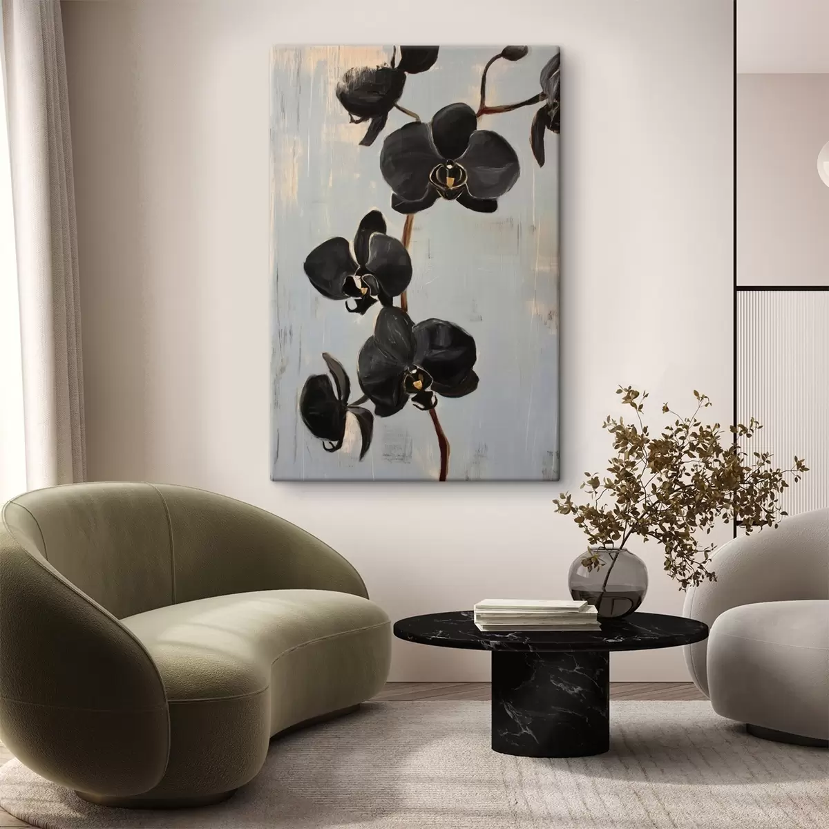 Tablouri Orhidee decorative: flori negre pe un fundal gri s45547