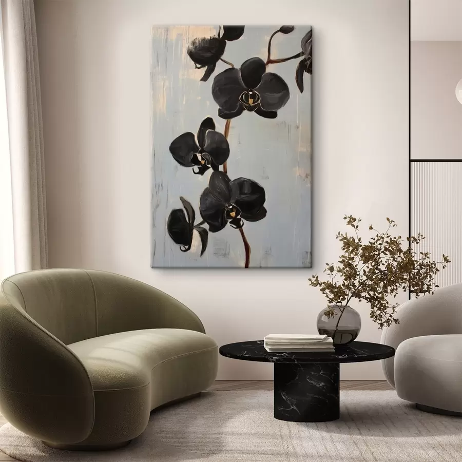 Tablouri Orhidee decorative: flori negre pe un fundal gri s45547