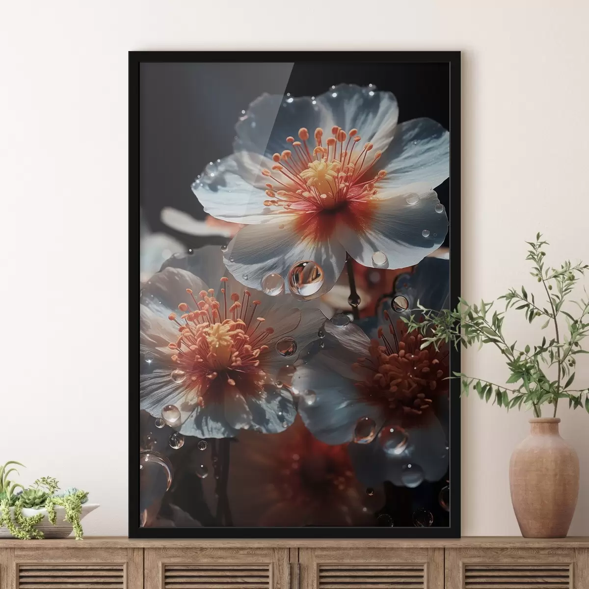 Poster Motiv floral: frumusețe de petale cu rouă pe un fundal întunecat f45529