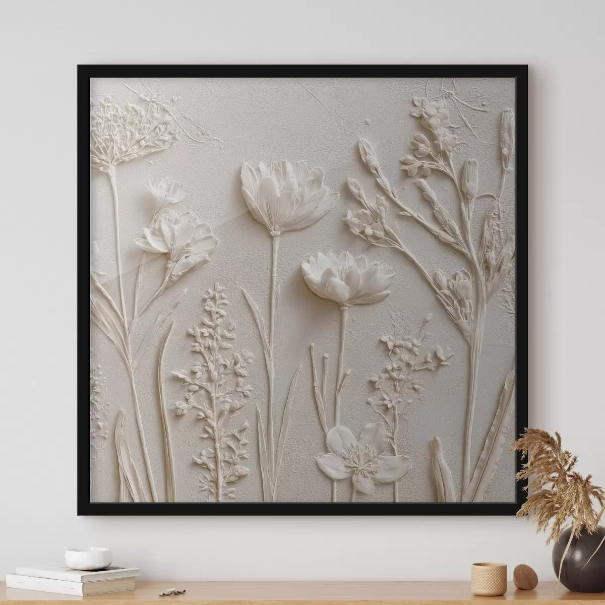 Poster Compoziție abstractă: stil basorelief cu flori pe un fundal deschis f45535