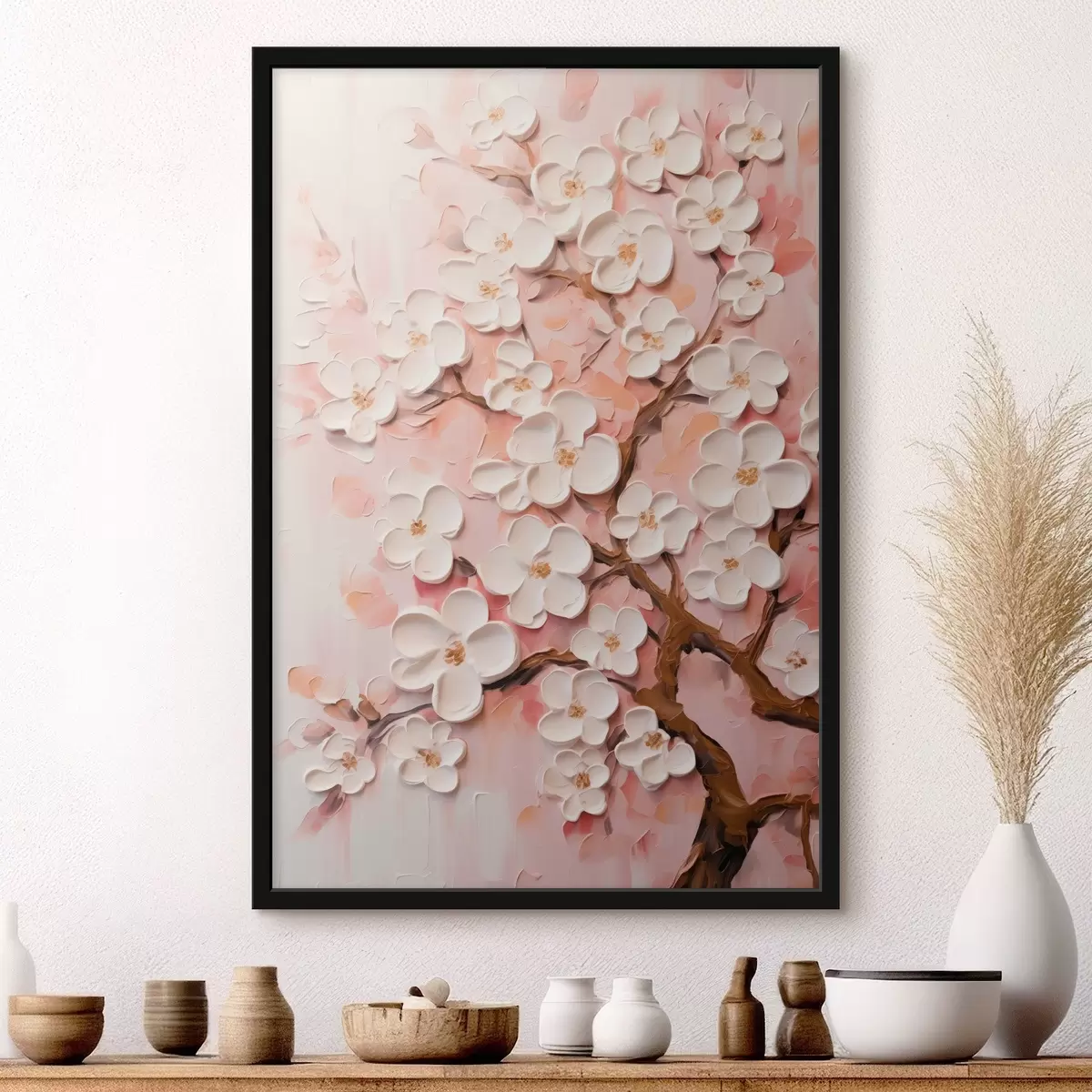 Poster Ramură înflorită: compoziție în relief în tonuri roz deschis f45543