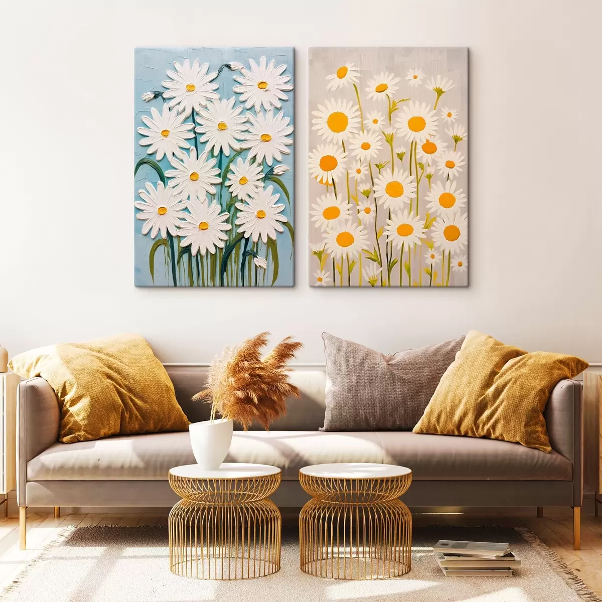 Tablouri Prospețimea primăverii: diptic cu margarete voluminoase în stil impasto m00633