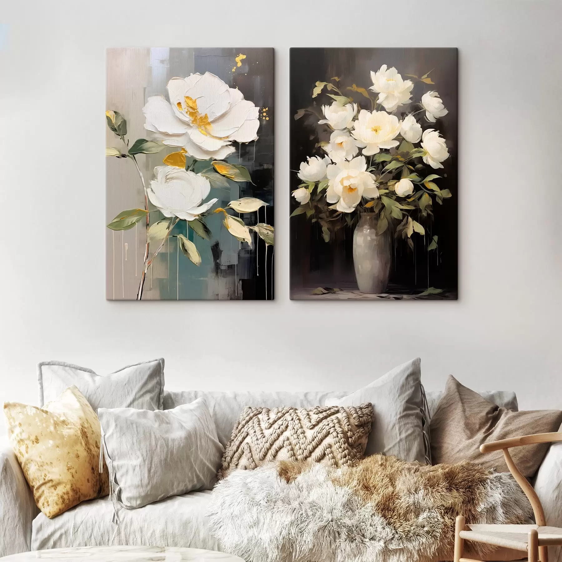 Tablouri Bujorii albe pe un fundal întunecat: compoziție decorativă m00634