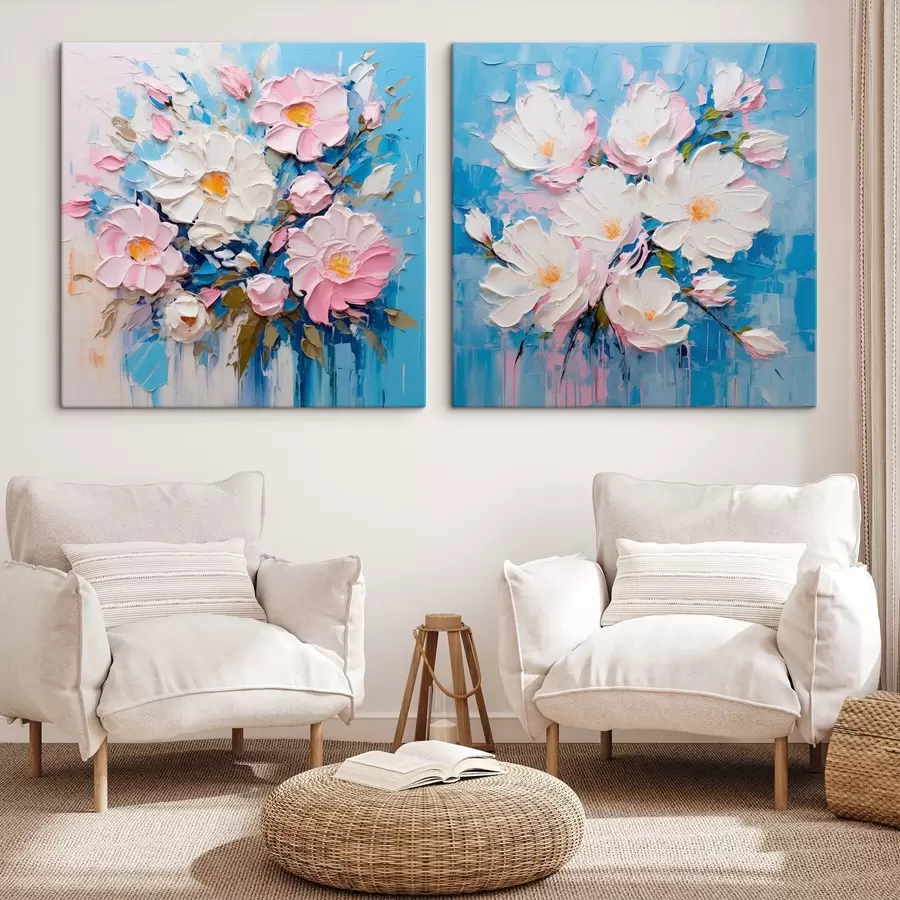 Tablouri Flori abstracte: compoziție decorativă în tonuri de roz și albastru m00643