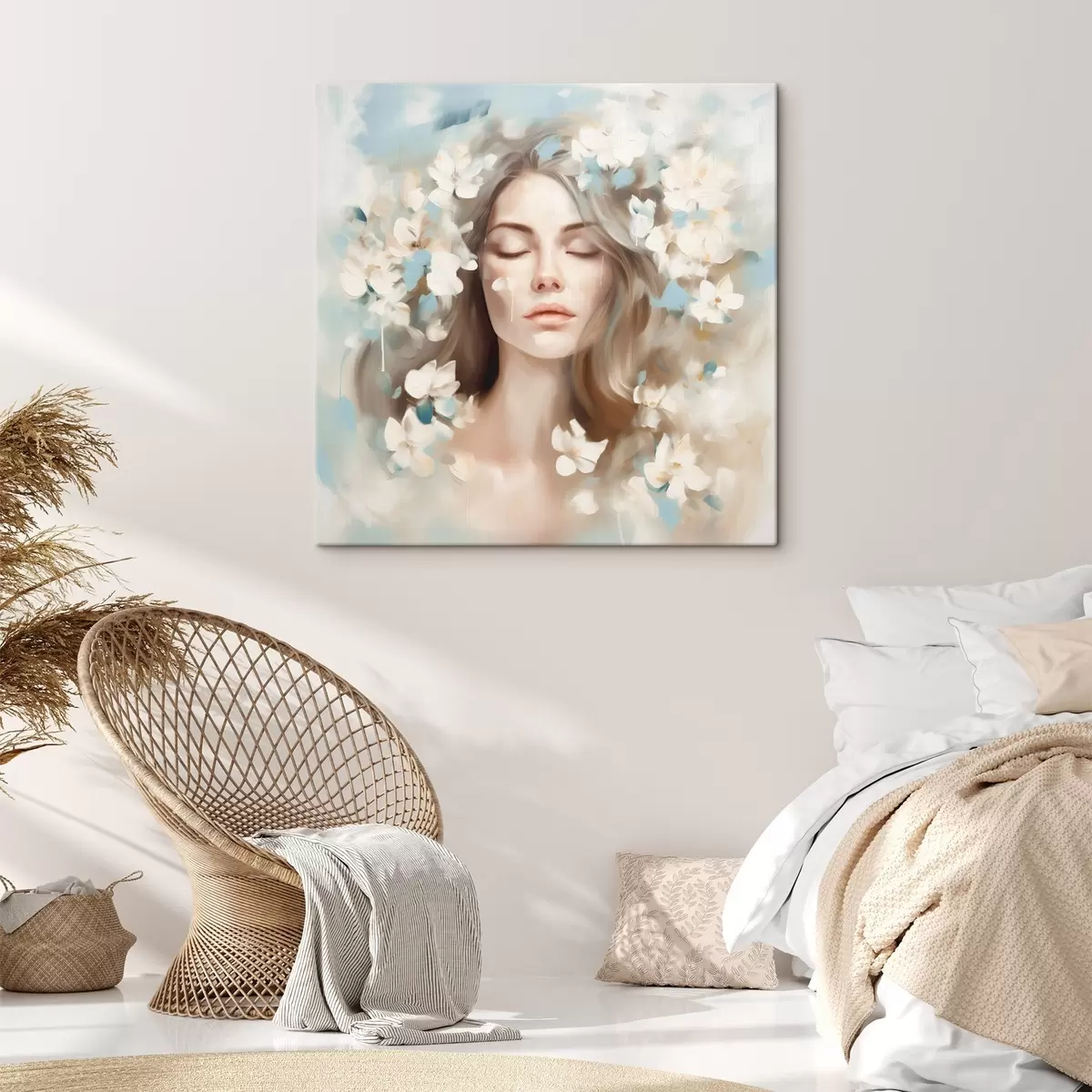 Tablouri Portret abstract al unei femei cu flori sub formă de tușe s45450