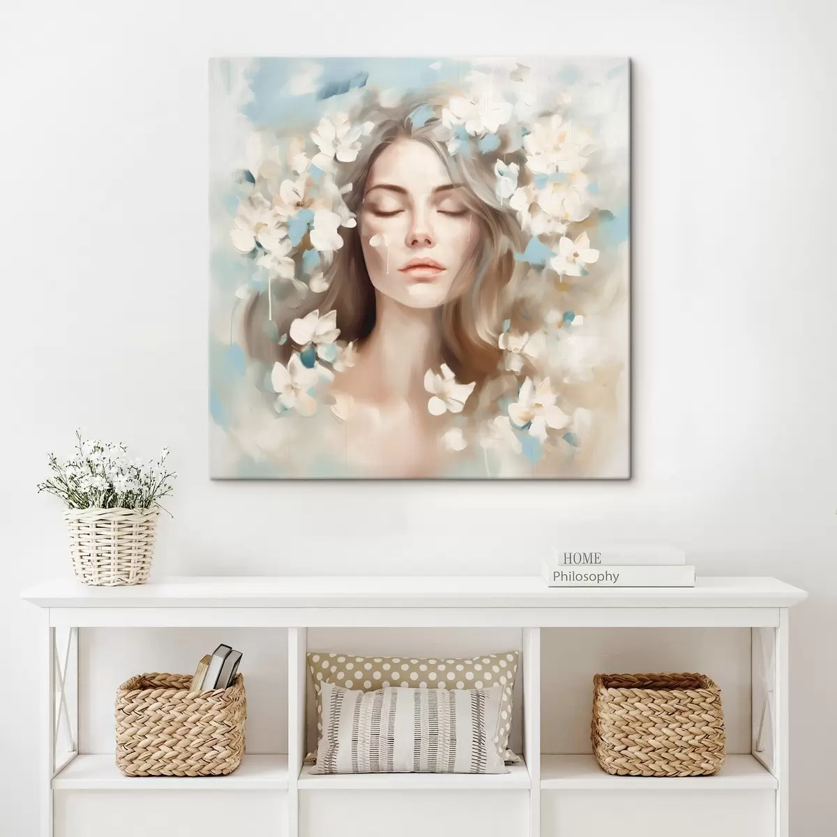 Tablouri Portret abstract al unei femei cu flori sub formă de tușe s45450