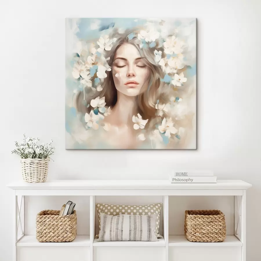 Tablouri Portret abstract al unei femei cu flori sub formă de tușe s45450