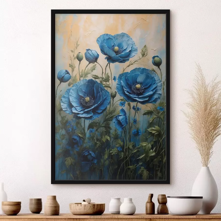 fototapet Poppies mari albastre cu muguri pe un fundal deschis f45488