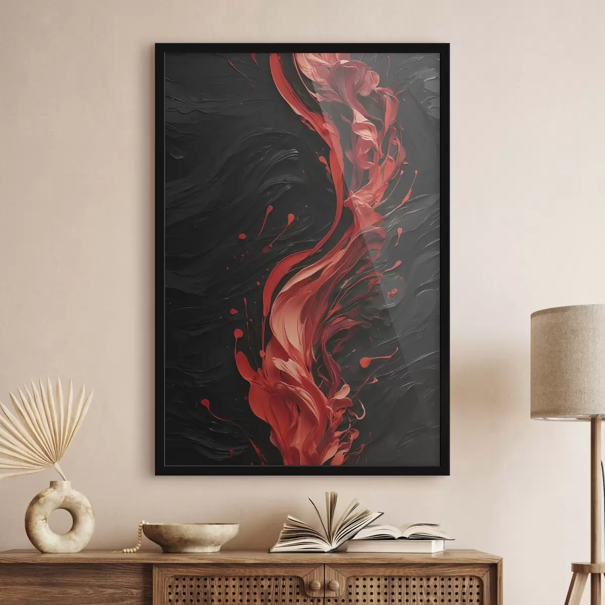 Poster Abstract cu tușe roșii pe fundal negru f45490