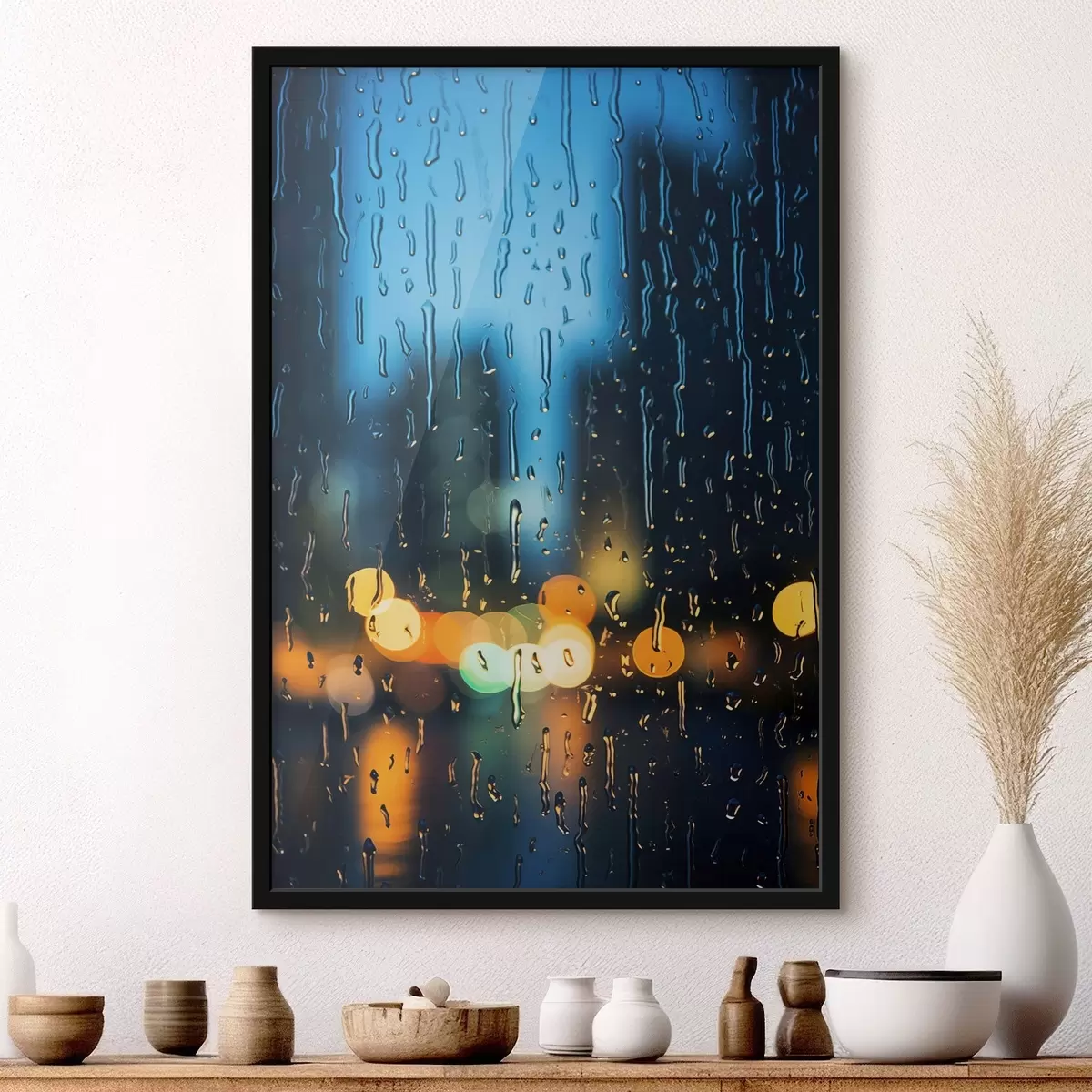 Poster Picături de ploaie pe fereastră cu lumini de noapte f45500