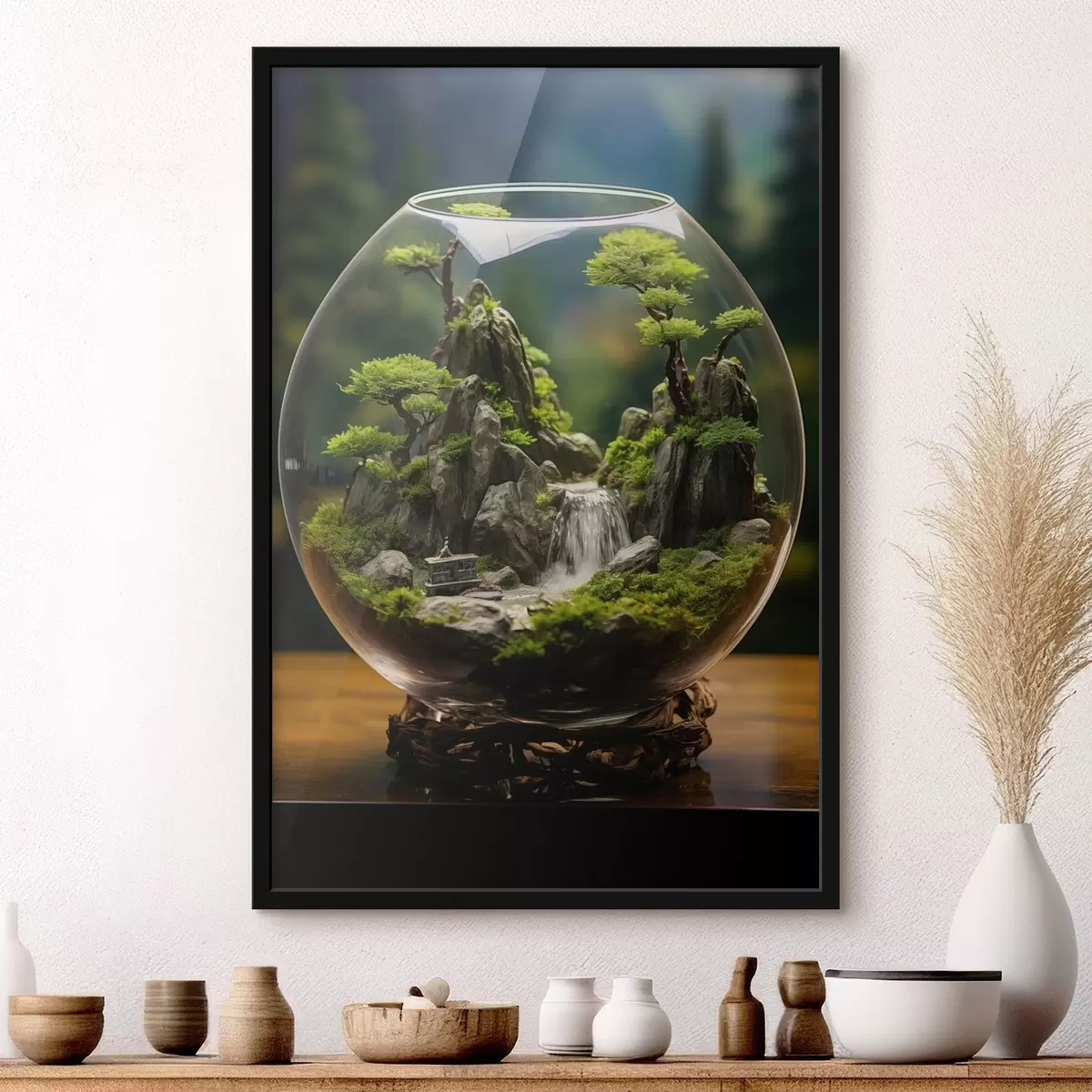 Poster Peisaj miniatural cu cascadă într-o minge de sticlă f45502