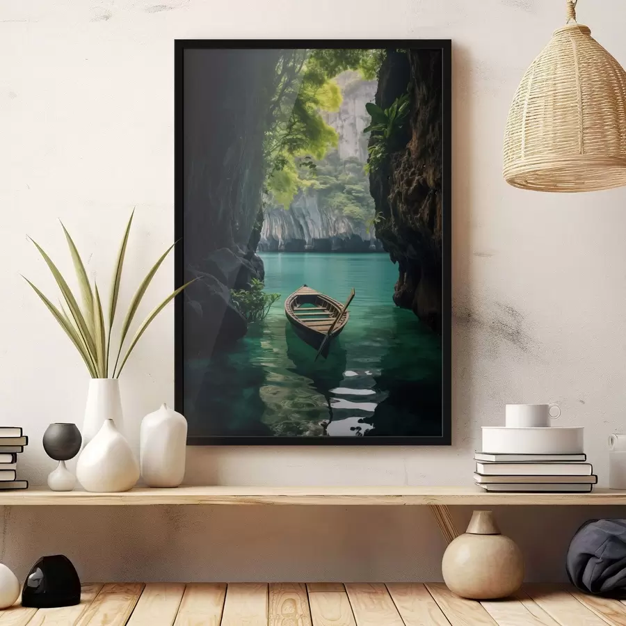 fototapet Barcă pe apă turcoaz printre stânci f45507