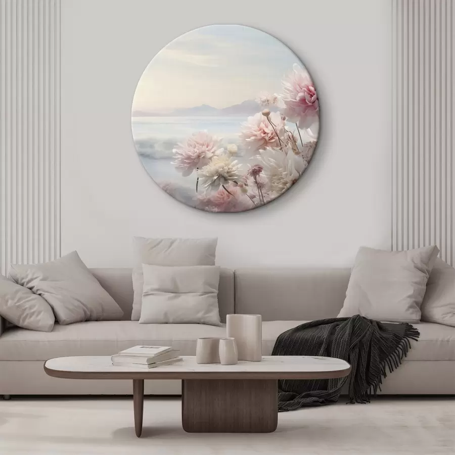 Tablouri Delicate flori roz pe malul mării în zori r45496