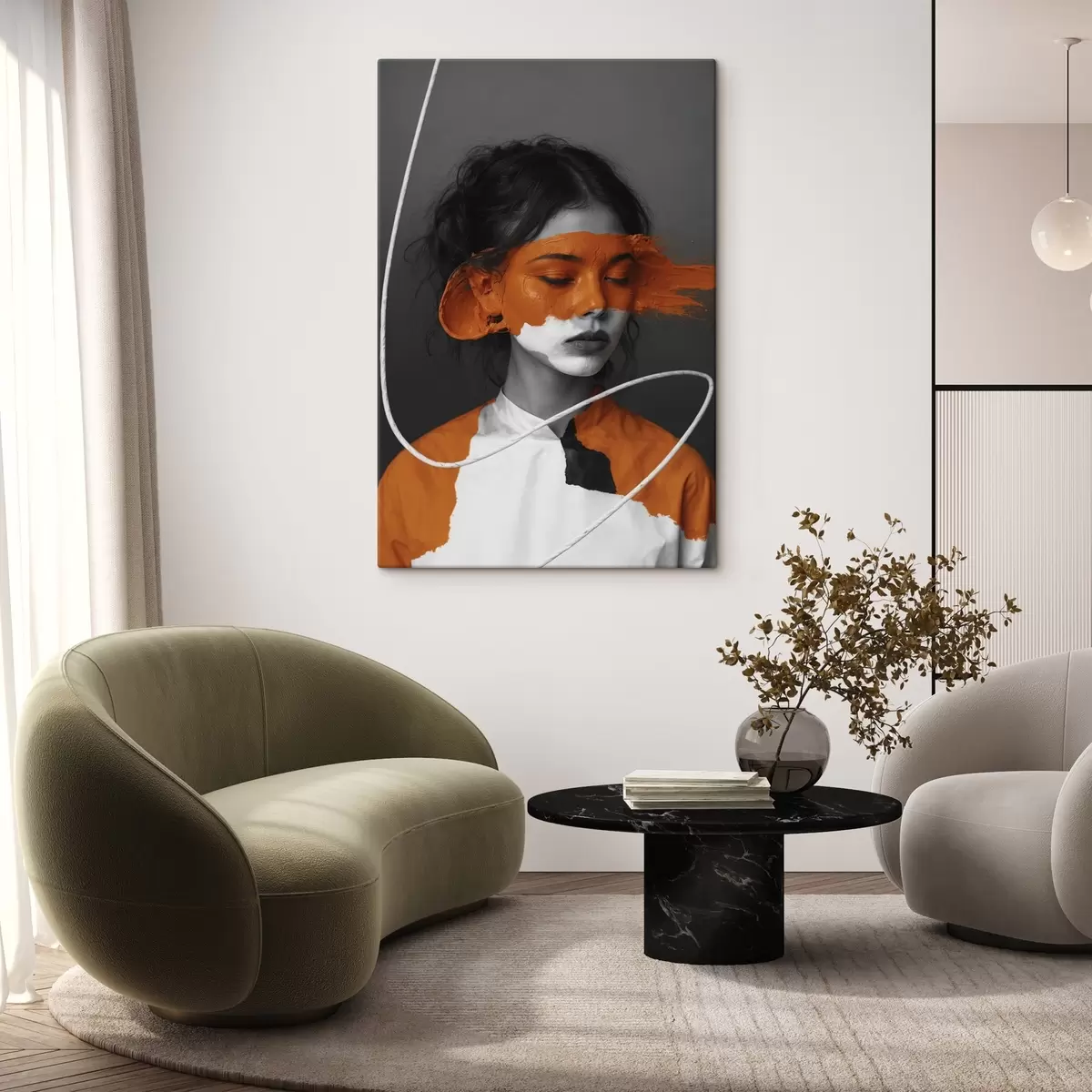 Tablouri Portret de fată cu o imagine abstractă portocalie s45495