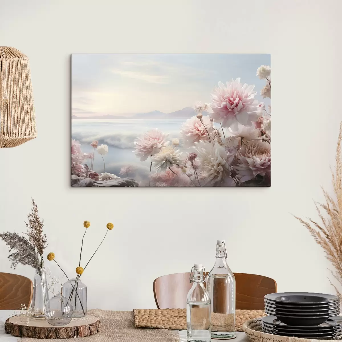 Tablouri Delicate flori roz pe malul mării în zori s45496