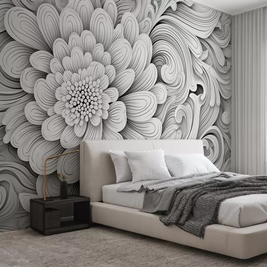 fototapet Model decorativ alb-negru în formă de floare și vârtejuri w09355