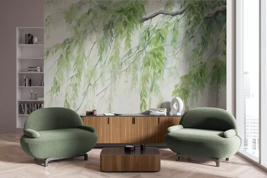 fototapet Ramuri de salcie plângătoare cu frunze verzi care atârnă în jos, tușe moi și delicate, stil de pictură acuarelă w09365