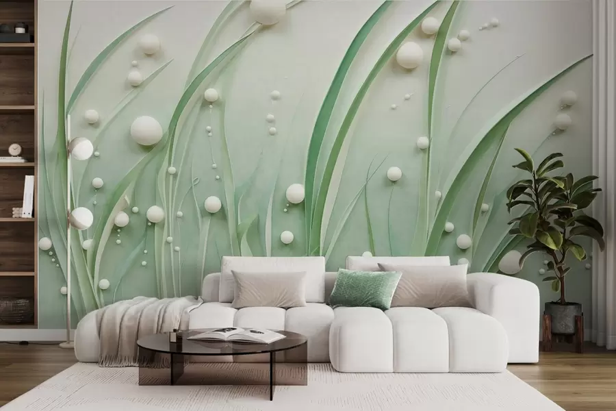 fototapet Iarbă verde abstractă cu sfere albe, fundal verde deschis, texturat, linii curate, stil minimalist w09382