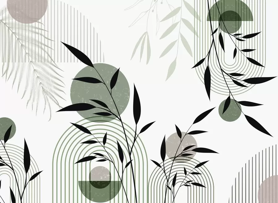 fototapet Imprimare abstractă texturată cu forme geometrice, cercuri și arcuri și plante negre și verzi pe un fundal alb w09384