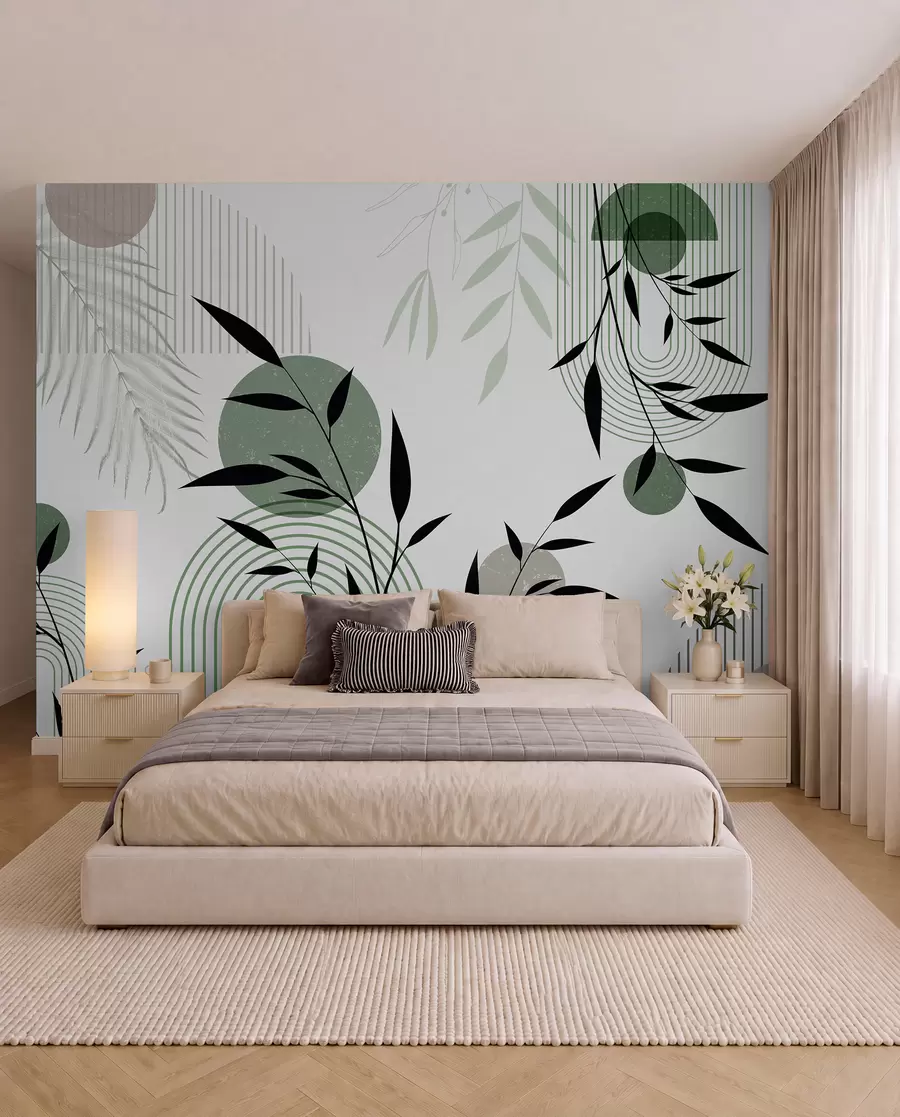 fototapet Imprimare abstractă texturată cu forme geometrice, cercuri și arcuri și plante negre și verzi pe un fundal alb w09384