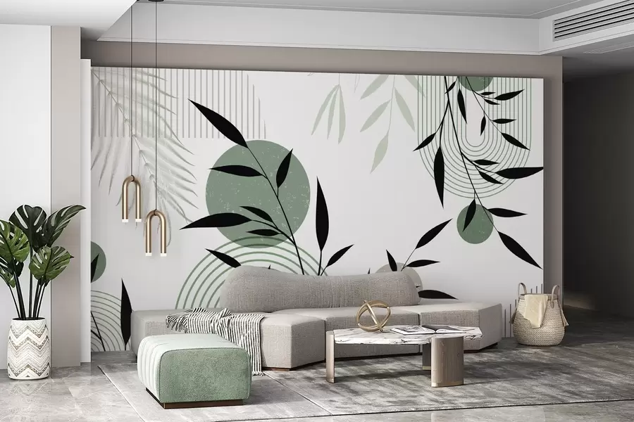 fototapet Imprimare abstractă texturată cu forme geometrice, cercuri și arcuri și plante negre și verzi pe un fundal alb w09384