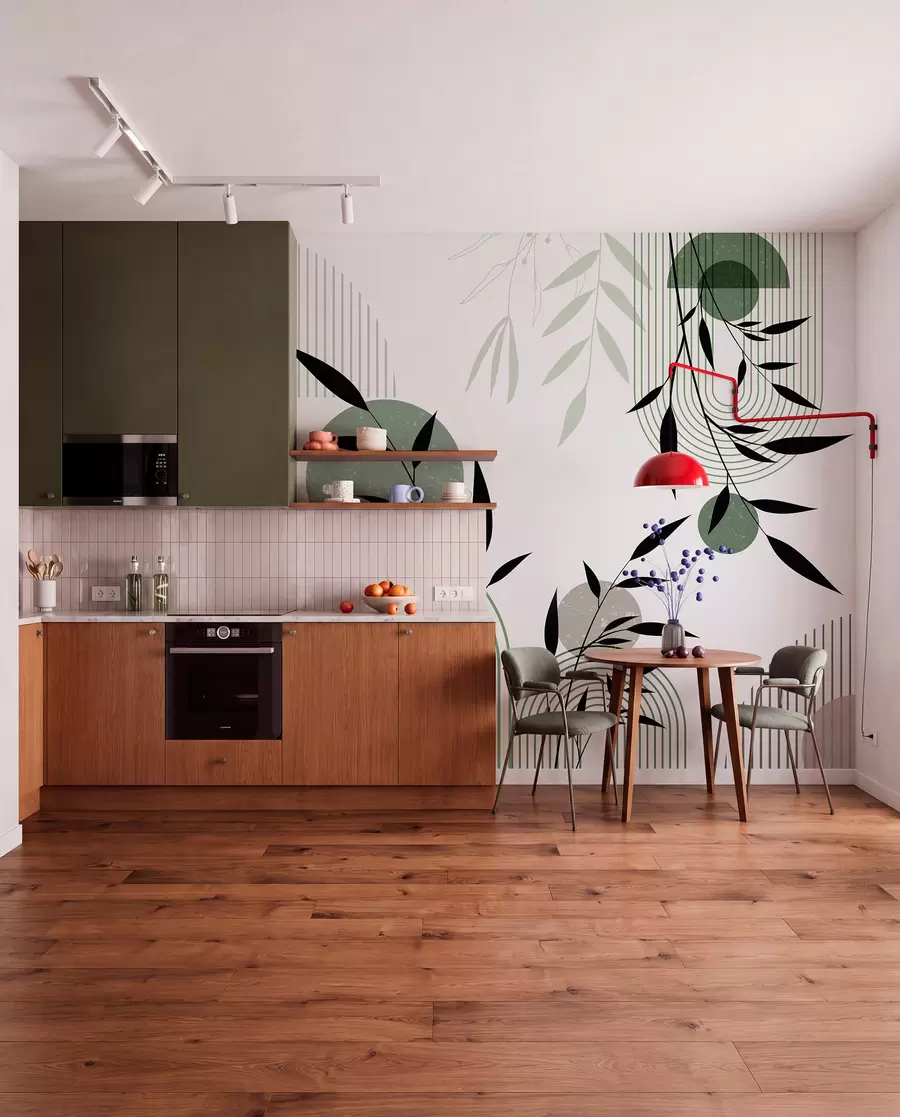 fototapet Imprimare abstractă texturată cu forme geometrice, cercuri și arcuri și plante negre și verzi pe un fundal alb w09384