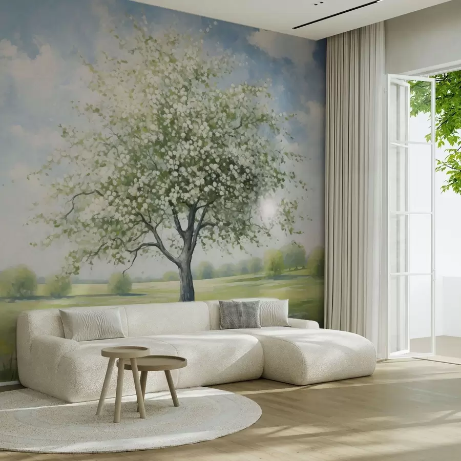 fototapet Un copac singuratic pe un câmp cu flori albe w04445