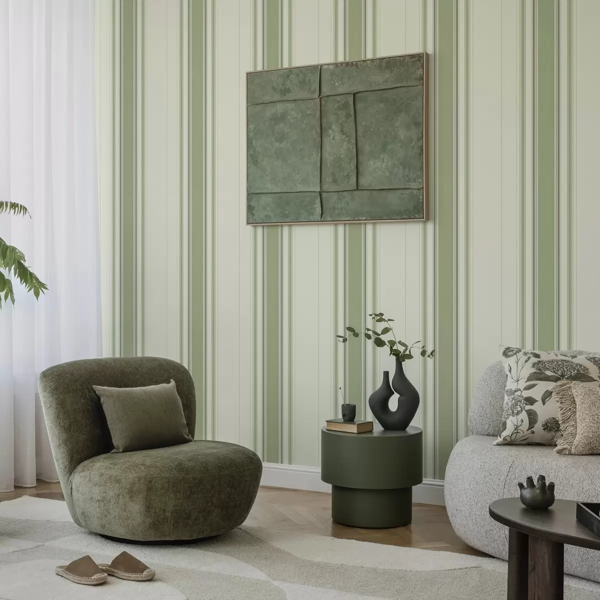 Wallpaper Fond crem cu o dungă centrală verde lată a00519