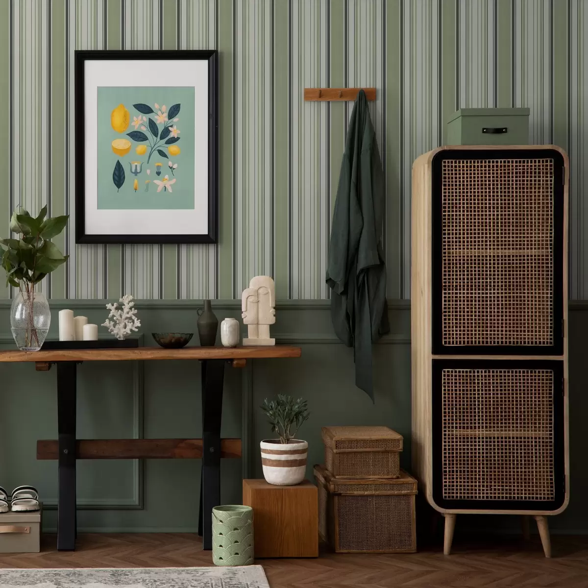 Wallpaper Fond crem cu un amestec de dungi verzi și negre a00563