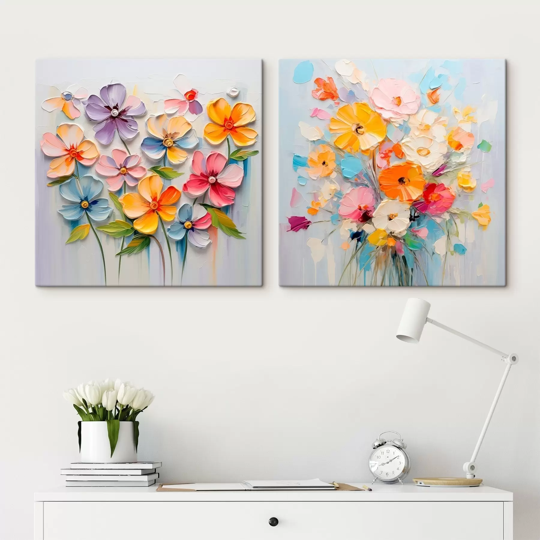 Tablouri Compoziții abstracte de flori strălucitoare realizate în tehnica impasto m00662