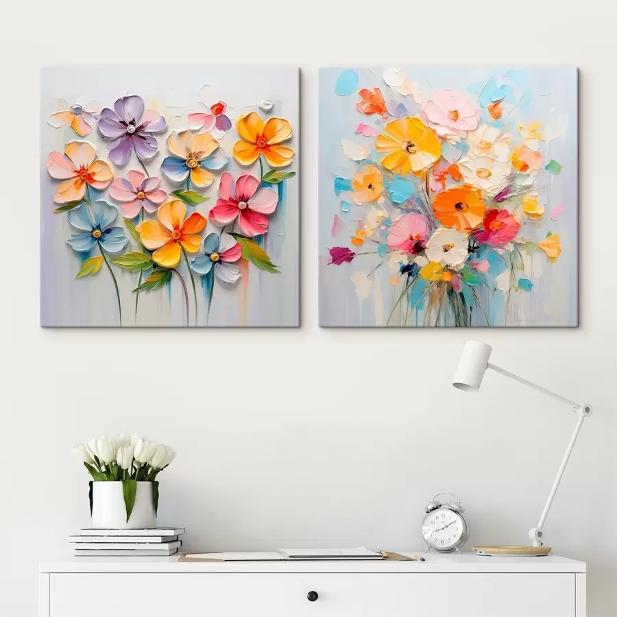 Tablouri Compoziții abstracte de flori strălucitoare realizate în tehnica impasto m00662