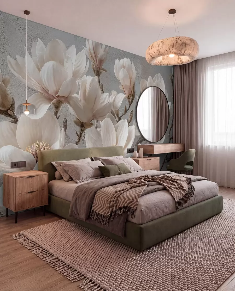 fototapet Ramuri de magnolie cu flori mari de lumină în tonuri atenuate w09305