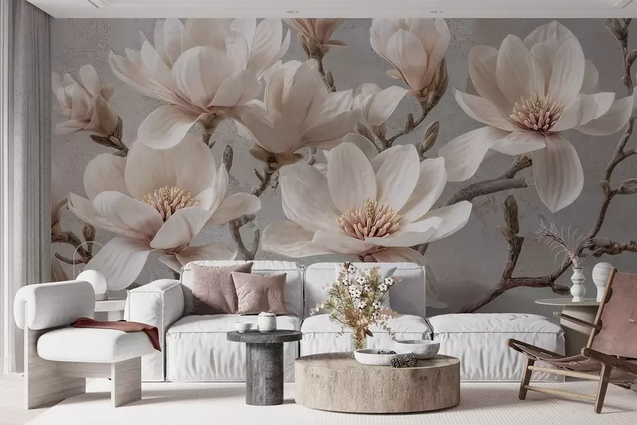 fototapet Ramuri de magnolie cu flori mari de lumină în tonuri atenuate w09305